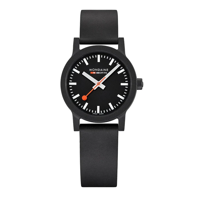Mondaine essence MS1.32120.RB Damen Armbanduhr Schwarz • Veganes Kautschukarmband • Swiss Made Quarzwerk
