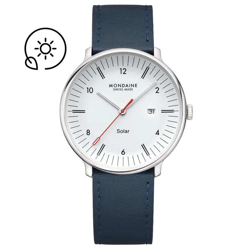 Mondaine Doppio Solar MLE.41910.LDV Herrenuhr Blau • Saphirglas mit Antireflexbeschichtung • Veganes Apfelleder