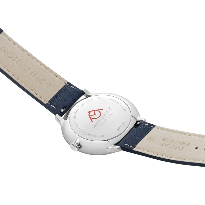 Mondaine Doppio Solar MLE.41910.LDV Herrenuhr Blau • Saphirglas mit Antireflexbeschichtung • Veganes Apfelleder