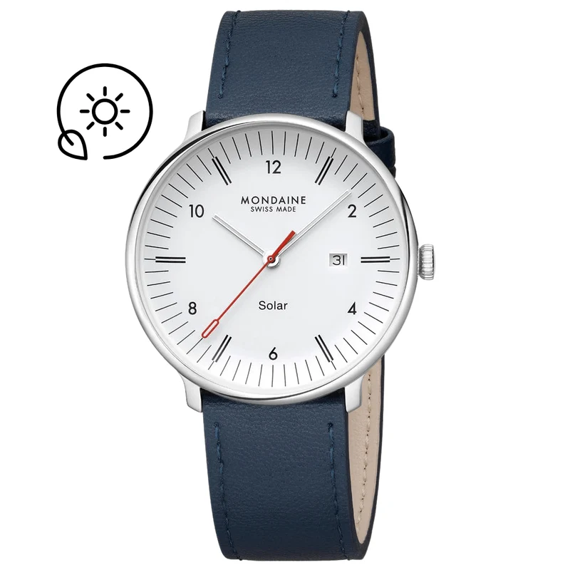 Mondaine Doppio Solar MLE.41910.LDV Herrenuhr Blau • Saphirglas mit Antireflexbeschichtung • Veganes Apfelleder