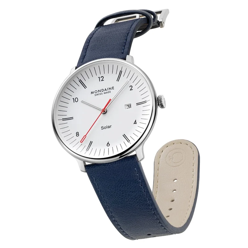 Mondaine Doppio Solar MLE.41910.LDV Herrenuhr Blau • Saphirglas mit Antireflexbeschichtung • Veganes Apfelleder