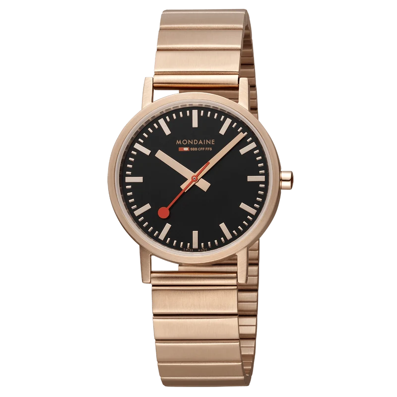 Mondaine Classic A660.30314.16SBR Damenuhr Schwarz/Roségold • Schweizer Quarzwerk • Schnellwechselsystem