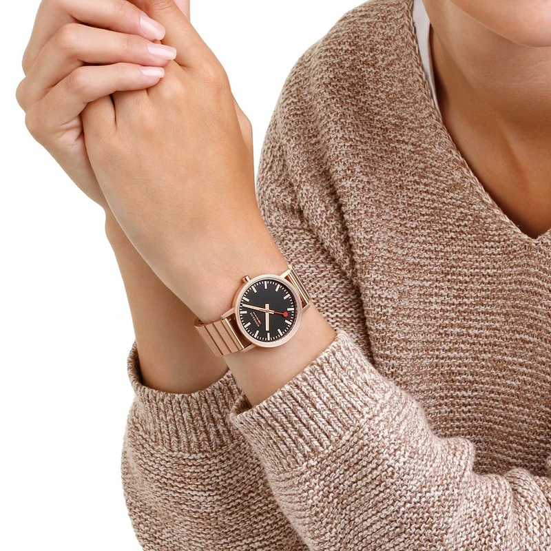 Mondaine Classic A660.30314.16SBR Damenuhr Schwarz/Roségold • Schweizer Quarzwerk • Schnellwechselsystem