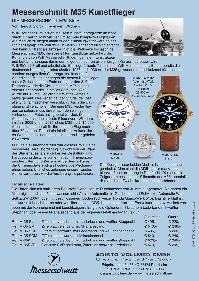 Messerschmitt M-35Q-SL Herren Armbanduhr • Schweizer Ronda Quarzwerk • Leuchtzeiger