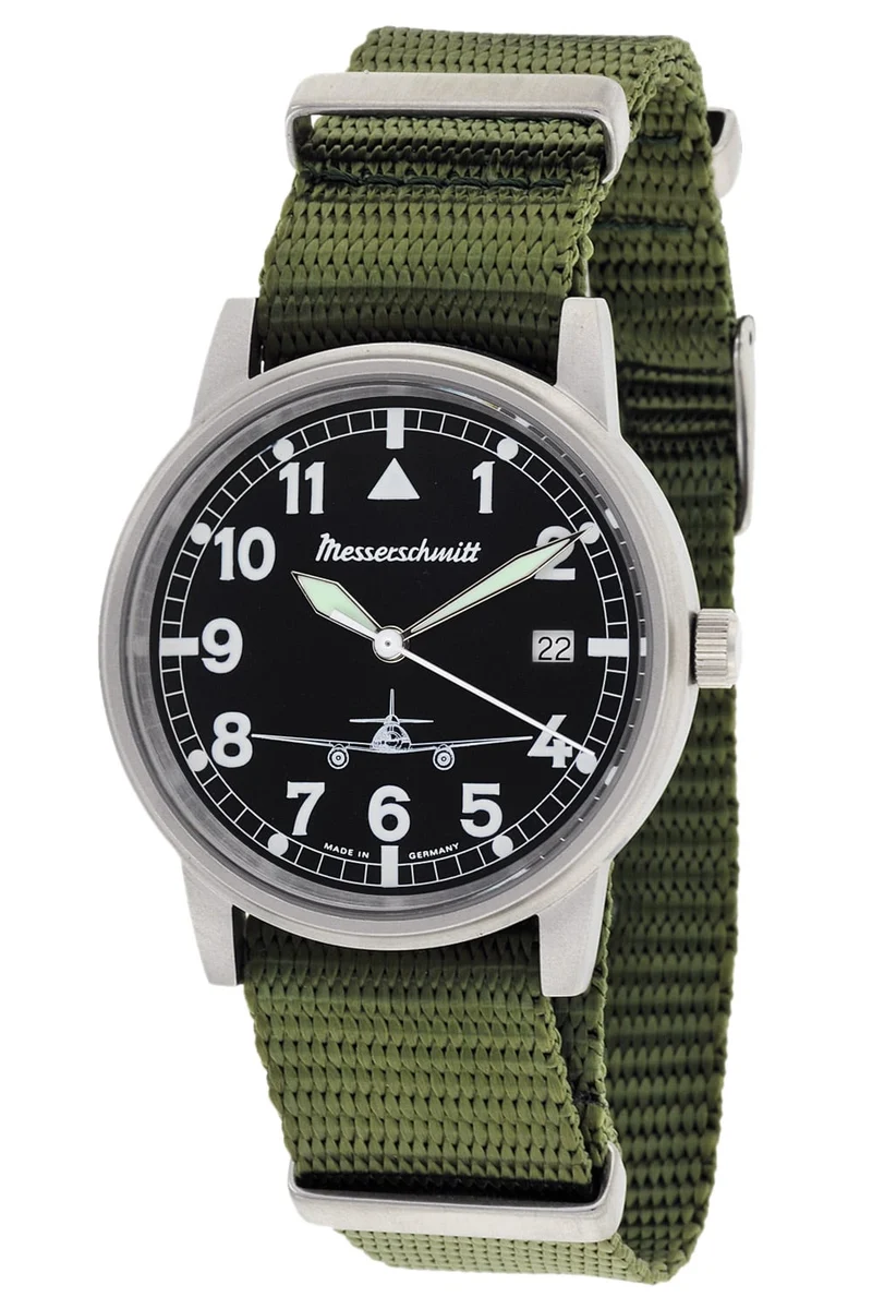 Messerschmitt ME 262 262-S Herren Armbanduhr Schwarz • Mineralglas • Olivgrünes Textilband