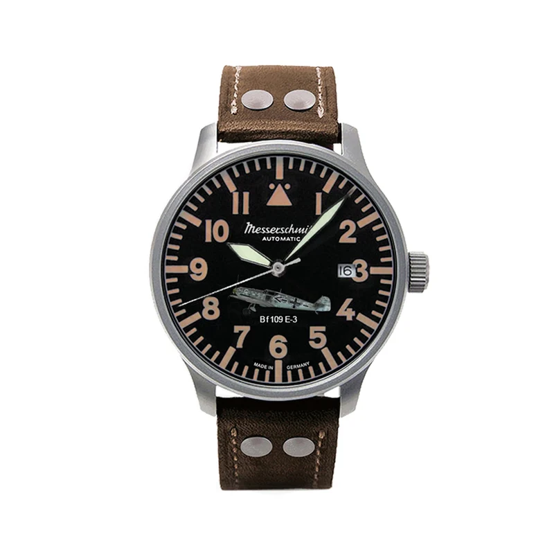 Messerschmitt BF109E-3-A Herren Pilotenuhr Braun/Schwarz • Sellita SW 200-1 Automatikwerk • Glasboden