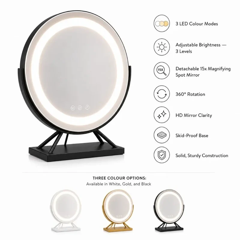 Verlichte Make-upspiegel met LED Dimbaar 15x Vergrotend 30cm Rond 3 Lichtmodi 360° Roteerbaar Tafelmodel | Sansoti
