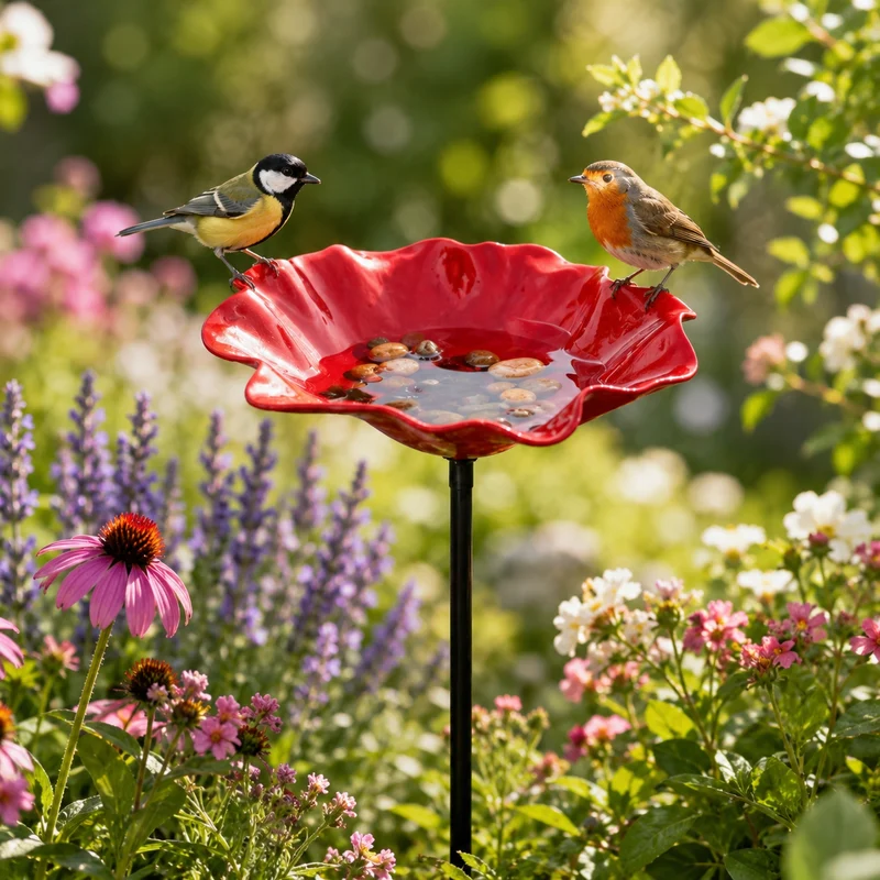 Metalen Vogelbad Tuinsteker met Bloem Ontwerp Drinkschaal voor Bestuivers Weerbestendige Tuindecoratie | Sansoti