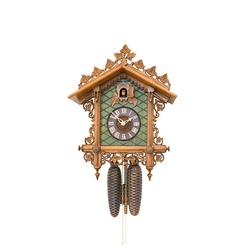 Rombach & Haas Tradition 3421 Wanduhr Grün • Mechanisches 8-Tage-Werk • Handgeschnitzte Laubsäge-Arbeit