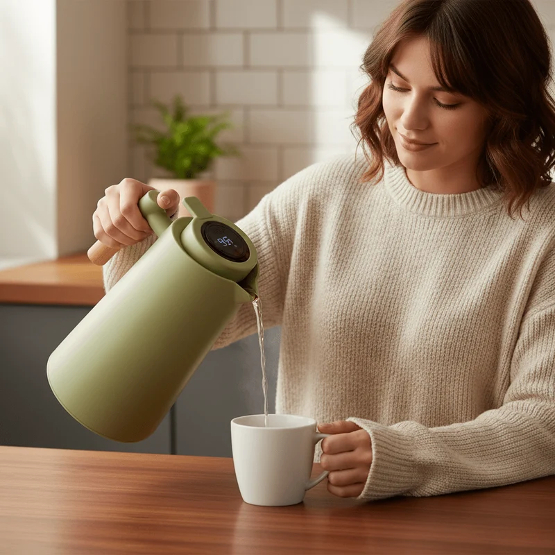 Thermosfles met Temperatuurdisplay – Dubbelwandig RVS & Houten Handvat 1L | Sansoti