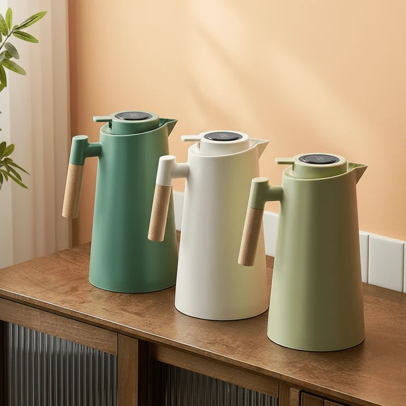 Thermosfles met Temperatuurdisplay – Dubbelwandig RVS & Houten Handvat 1L | Sansoti