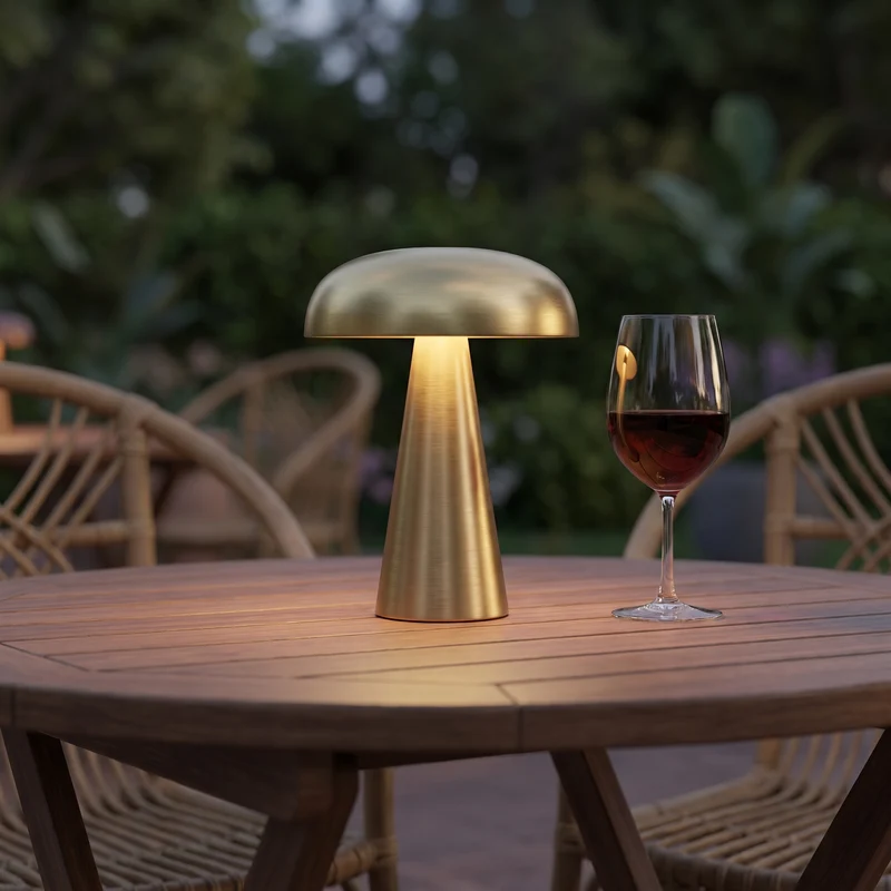 Tafellamp Terras Oplaadbaar Draadloos Goud Metaal Paddenstoelvorm 20,3 cm Hoog 3000K Warm Wit 3 Dimstanden USB | Sansoti