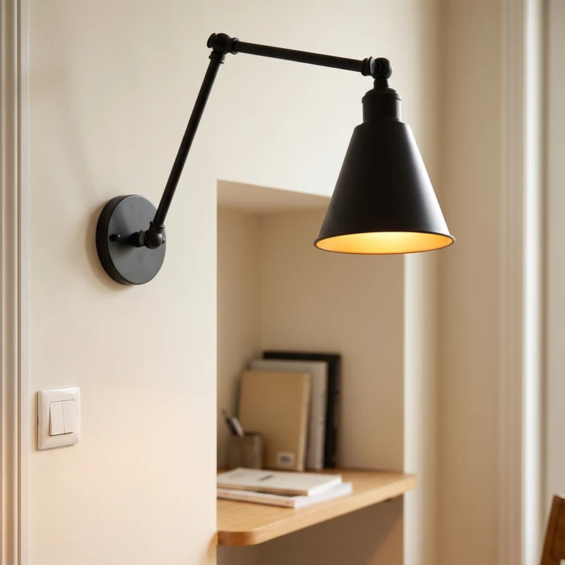 Wandlamp Zwenkarm Zwart 30+30 cm Gesmeed Metaal Kegelkap Hoogte 25 tot 35 cm E27 Fitting Vaste Bedrading | Sansoti