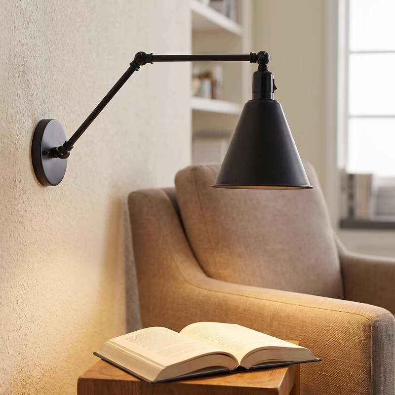 Wandlamp Leeshoek met Verstelbare Dubbele Arm Kegelvormige Metalen Kap 13 tot 23 cm E27 Wit Zwart Messing | Sansoti