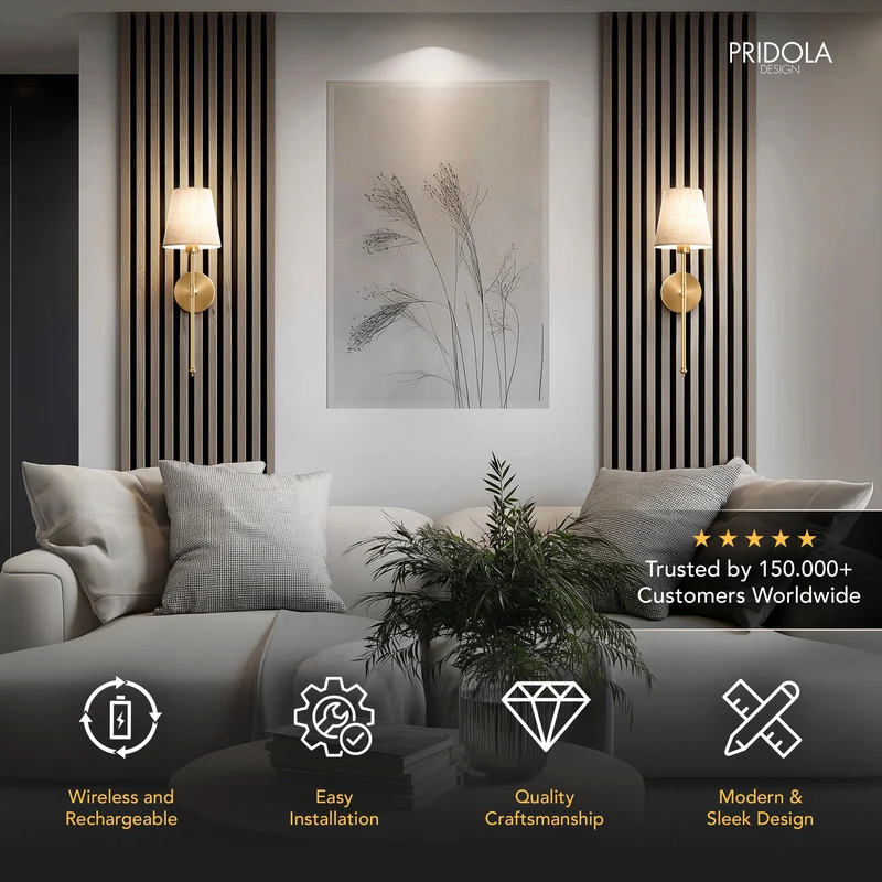 Wandlamp Goud Linnen Kap Set 2 Draadloos Afstandsbediening Dimbaar RGB Slaapkamer Woonkamer | Sansoti