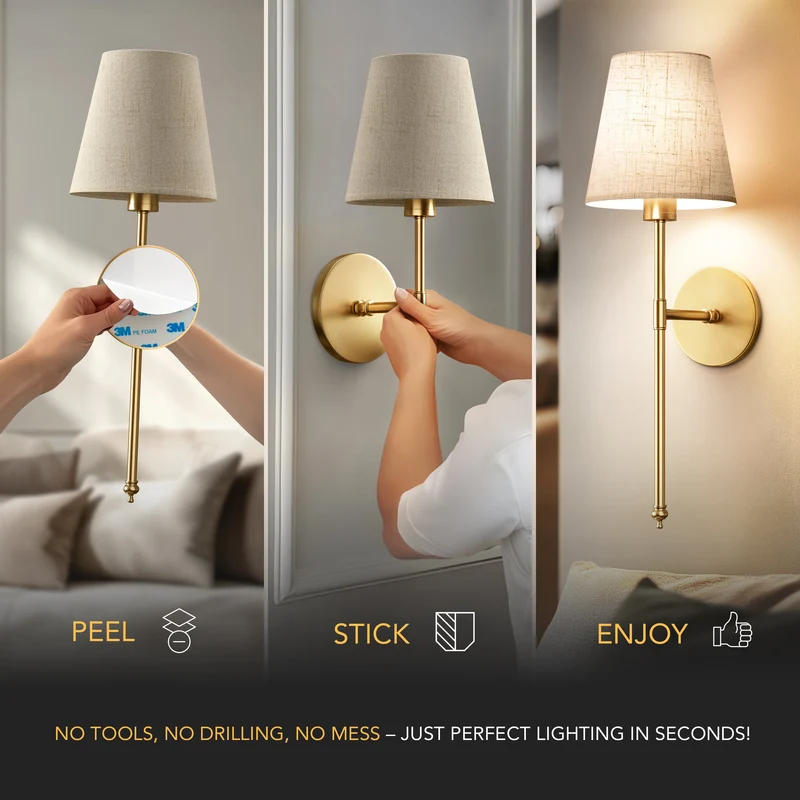 Wandlamp Goud Linnen Kap Set 2 Draadloos Afstandsbediening Dimbaar RGB Slaapkamer Woonkamer | Sansoti