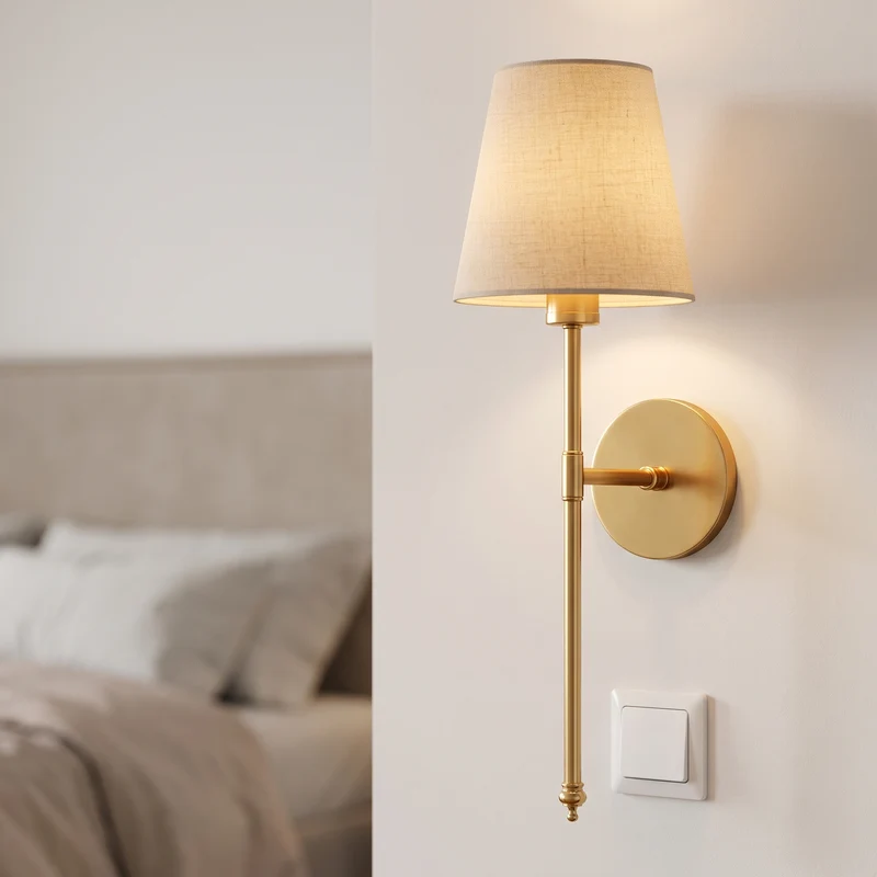 Wandlamp Zonder Boren Set van 2 Draadloos Goud Metaal Naturel Linnen Kap 51,5 cm Hoog 3M Kleefstrip of Schroeven | Sansoti