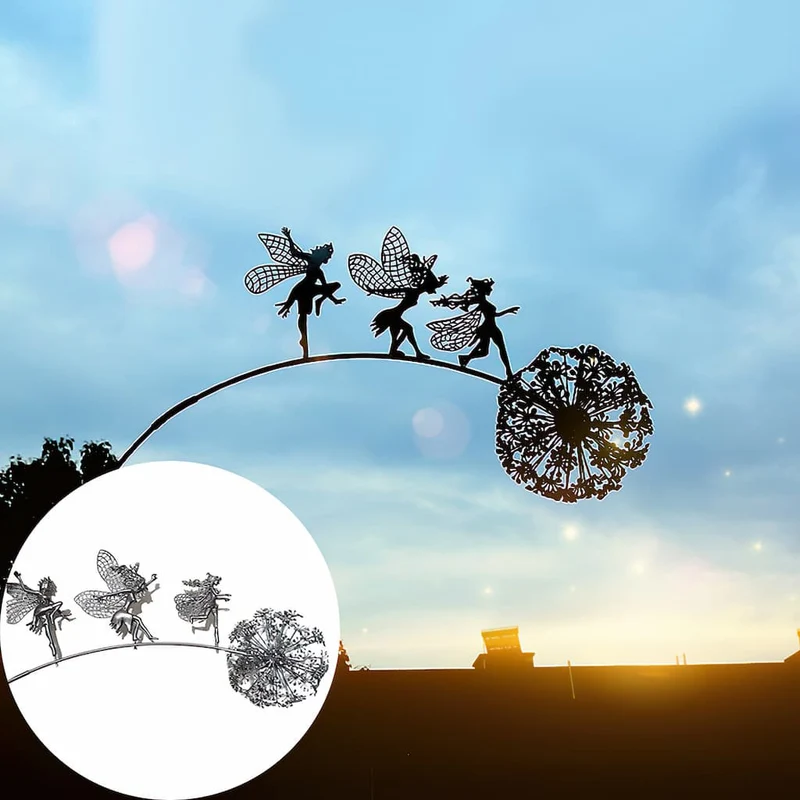 Tuinornament Silhouet Fee met Paardenbloem Metaal Weerbestendig Decoratie voor Bloembedden Borders en Gazon | Sansoti