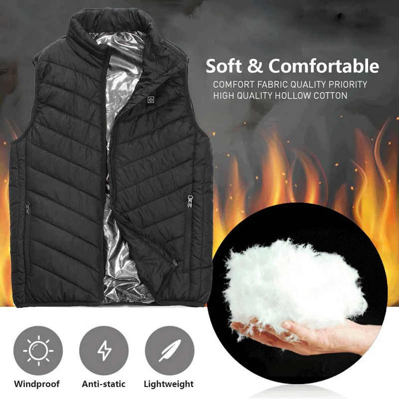 Verwarmingsvest Elektrisch Unisex Zwart 3 Warmtezones Instelbare Temperatuur Winter Outdoor Verwarmd Vest | Sansoti