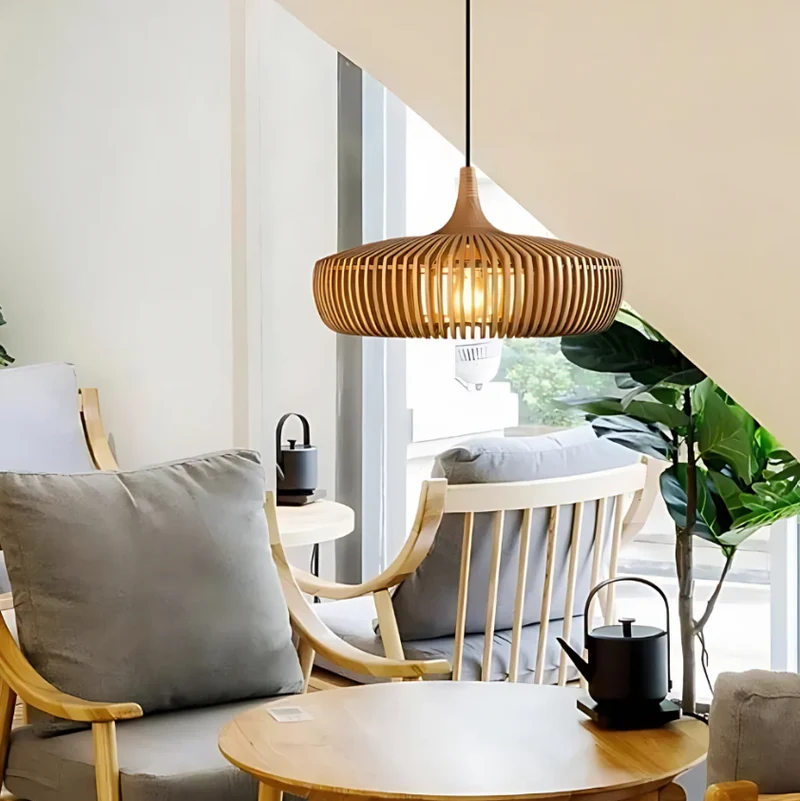 Houten Hanglamp Plafond 43cm Japandi Verlichting Warm Licht Eetkamer Slaapkamer Woonkamer | Sansoti