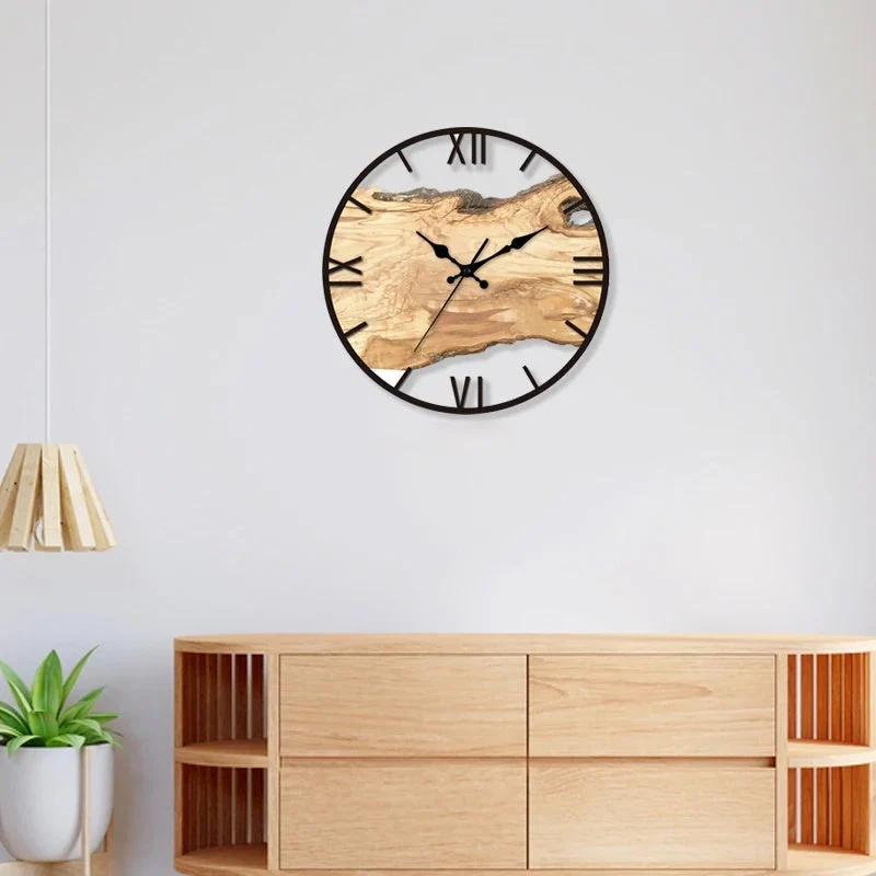 Wandklok Transparant Hout Epoxy Resin Romeinse Cijfers Stil Uurwerk Modern Woonkamer Slaapkamer | Sansoti