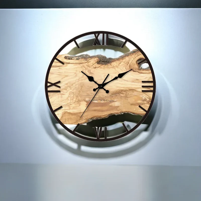 Wandklok Transparant Hout Epoxy Resin Romeinse Cijfers Stil Uurwerk Modern Woonkamer Slaapkamer | Sansoti