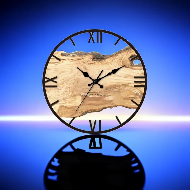 Wandklok Transparant Hout Epoxy Resin Romeinse Cijfers Stil Uurwerk Modern Woonkamer Slaapkamer | Sansoti