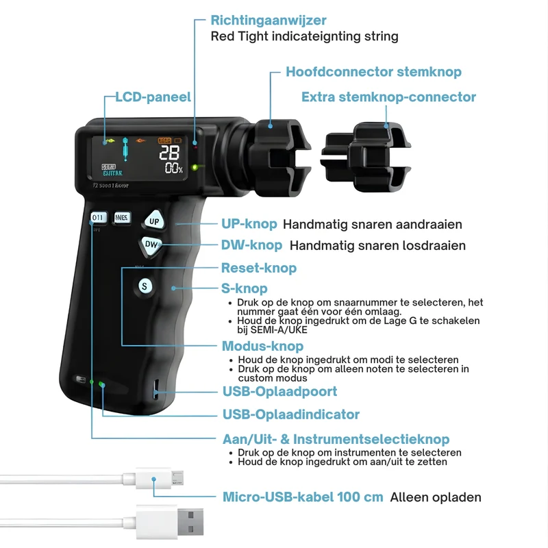 Automatische Snaarinstrument Stemmer met Snarenwinder voor Gitaar Bas Ukelele Oplaadbaar USB-C Accessoire | Sansoti