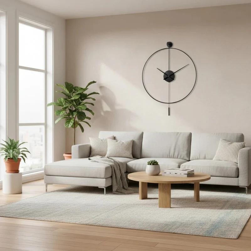 Grote Stille Wandklok met Elegante Pendel 50cm Zwart Metaal Geruisloos Quartz Mechanisme Woonkamer Slaapkamer | Sansoti