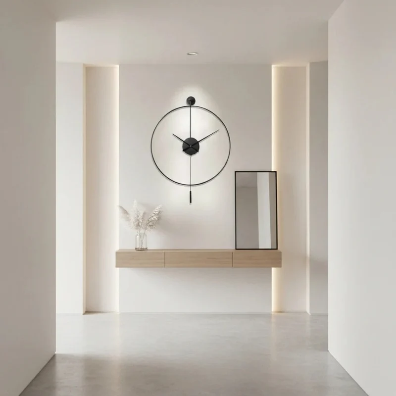 Grote Stille Wandklok met Elegante Pendel 50cm Zwart Metaal Geruisloos Quartz Mechanisme Woonkamer Slaapkamer | Sansoti