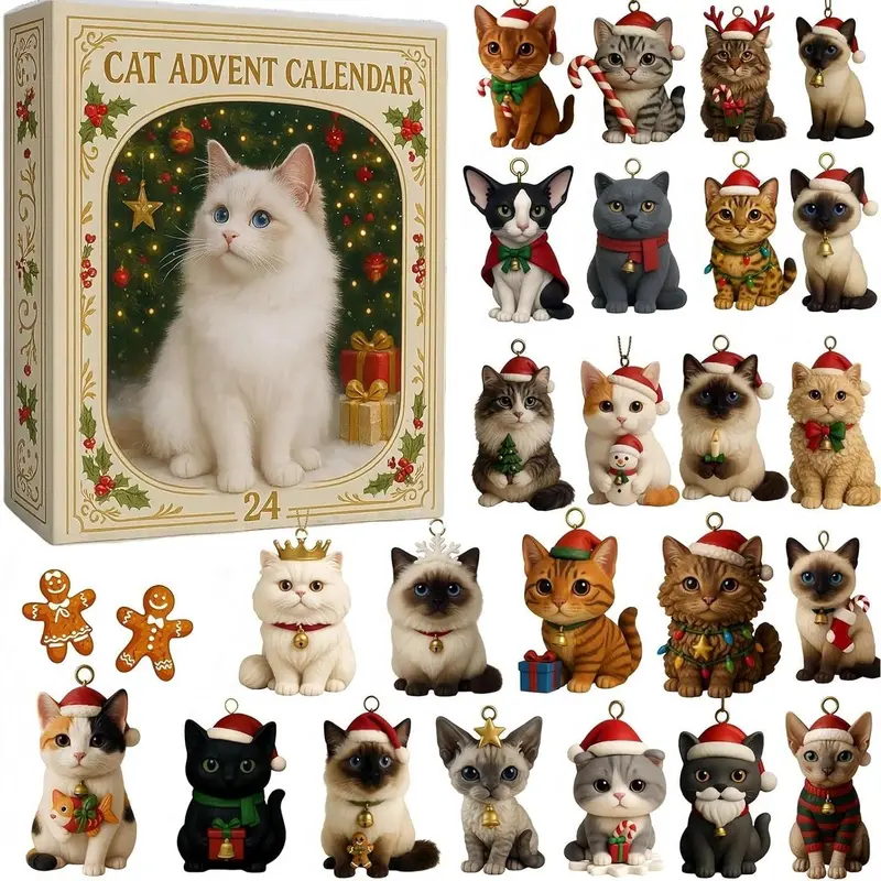 Adventskalender 24 Katten Acryl Figuurtjes Kerstdecoratie Ophangers Kinderen Feestdagen December Countdown | Sansoti