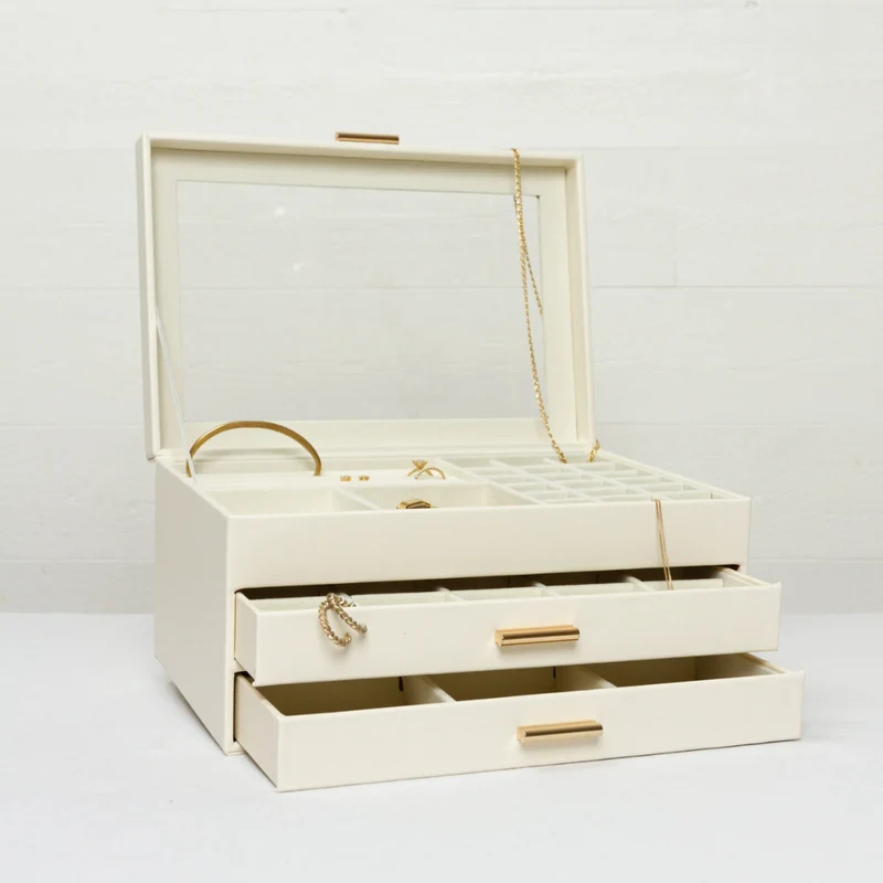 Sieradenbox met 3 Lagen en Glazen Deksel - Fluweel Beklede Opbergbox voor Juwelen - Magnetische Sluiting | Sansoti
