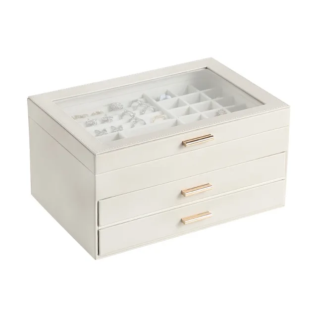 Sieradenbox met 3 Lagen en Glazen Deksel - Fluweel Beklede Opbergbox voor Juwelen - Magnetische Sluiting | Sansoti