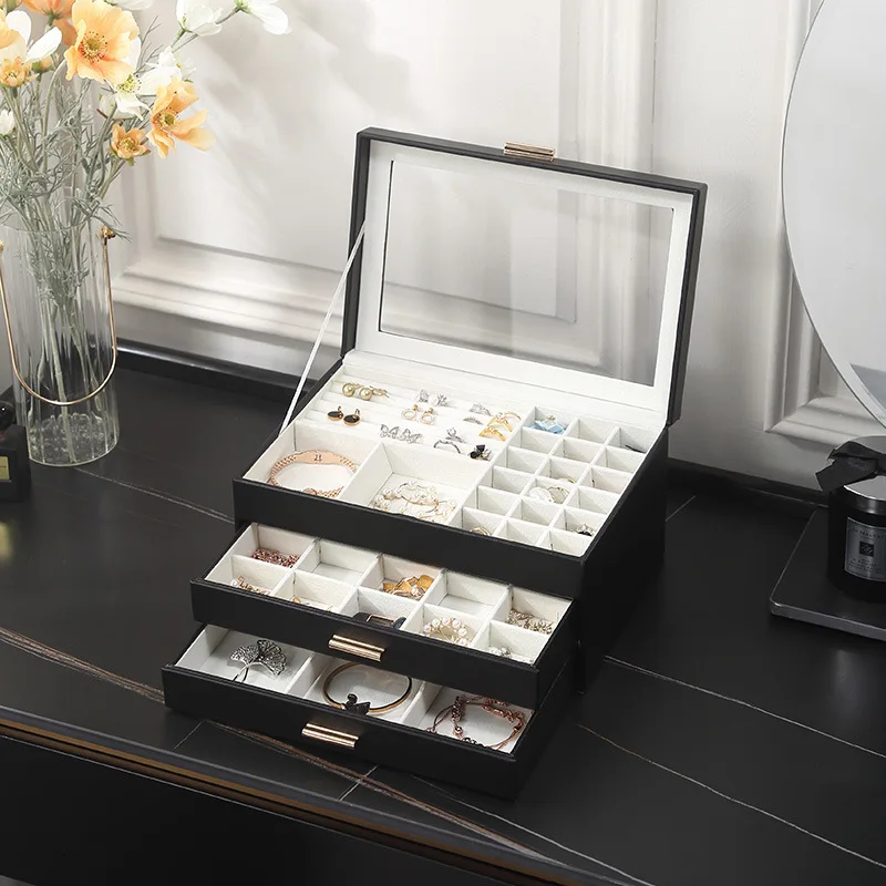 Sieradenbox met 3 Lagen en Glazen Deksel - Fluweel Beklede Opbergbox voor Juwelen - Magnetische Sluiting | Sansoti
