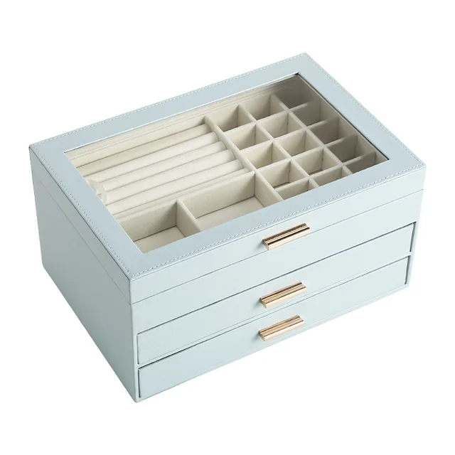 Sieradenbox met 3 Lagen en Glazen Deksel - Fluweel Beklede Opbergbox voor Juwelen - Magnetische Sluiting | Sansoti