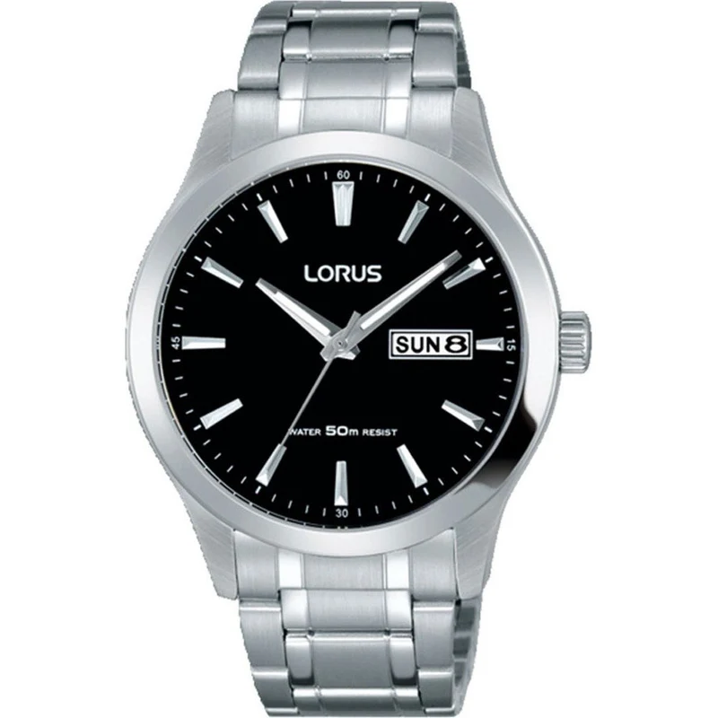 Lorus Classic RXN23DX5 Herren Armbanduhr • Schwarzes Ziffernblatt • Edelstahlarmband
