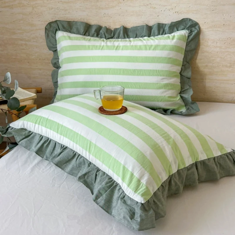 Kussenslopen met Ruches en Streepdessin voor Queen Size Kussen Romantische Slaapkamer Bedtextiel Decoratie | Sansoti
