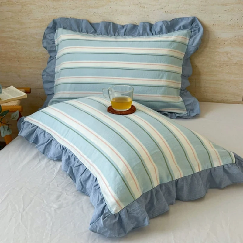 Kussenslopen met Ruches en Streepdessin voor Queen Size Kussen Romantische Slaapkamer Bedtextiel Decoratie | Sansoti