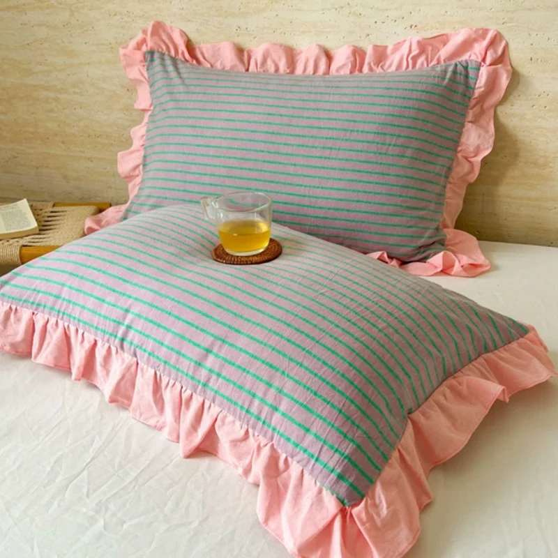 Kussenslopen met Ruches en Streepdessin voor Queen Size Kussen Romantische Slaapkamer Bedtextiel Decoratie | Sansoti
