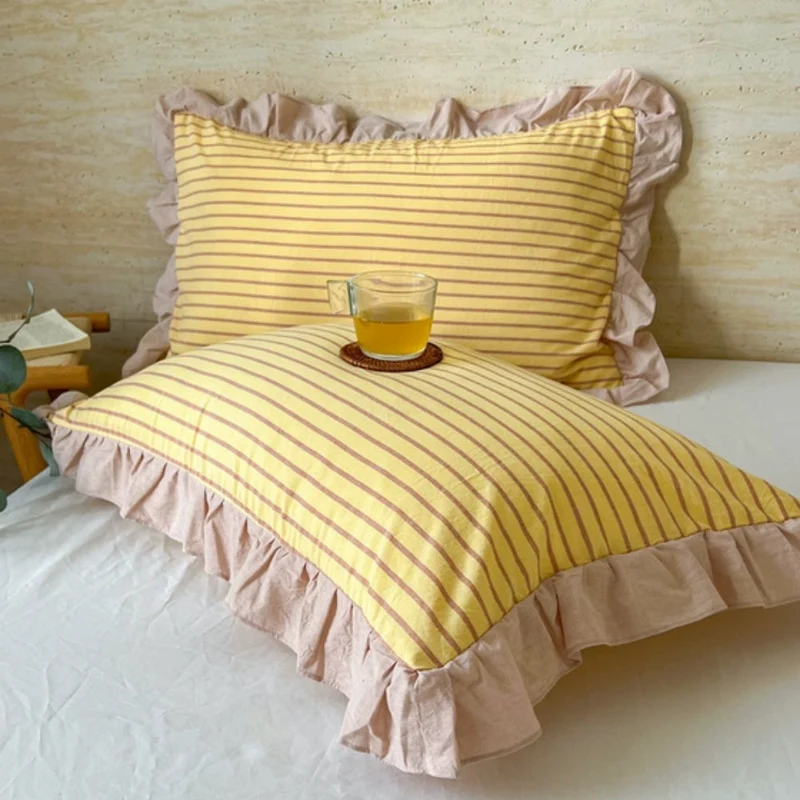 Kussenslopen met Ruches en Streepdessin voor Queen Size Kussen Romantische Slaapkamer Bedtextiel Decoratie | Sansoti