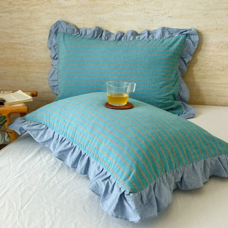 Kussenslopen met Ruches en Streepdessin voor Queen Size Kussen Romantische Slaapkamer Bedtextiel Decoratie | Sansoti