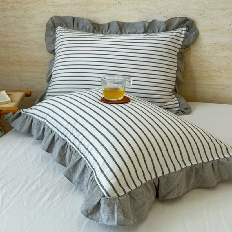 Kussenslopen met Ruches en Streepdessin voor Queen Size Kussen Romantische Slaapkamer Bedtextiel Decoratie | Sansoti