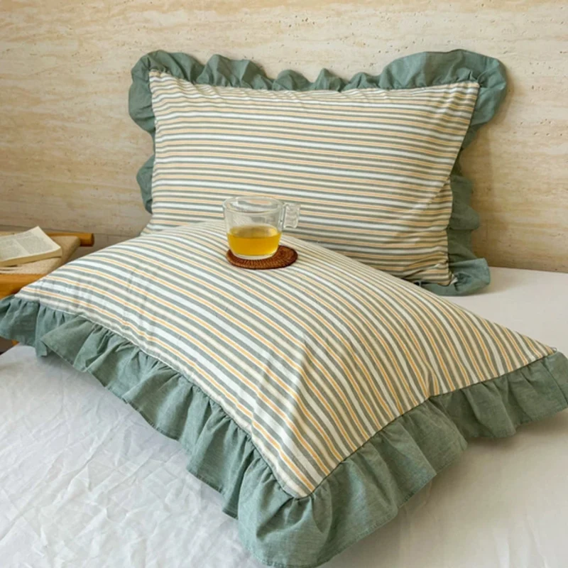Kussenslopen met Ruches en Streepdessin voor Queen Size Kussen Romantische Slaapkamer Bedtextiel Decoratie | Sansoti
