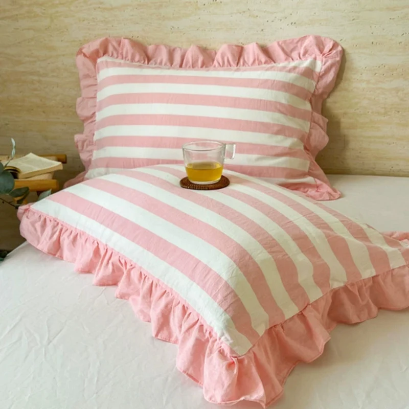 Kussenslopen met Ruches en Streepdessin voor Queen Size Kussen Romantische Slaapkamer Bedtextiel Decoratie | Sansoti