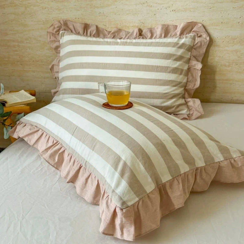 Kussenslopen met Ruches en Streepdessin voor Queen Size Kussen Romantische Slaapkamer Bedtextiel Decoratie | Sansoti