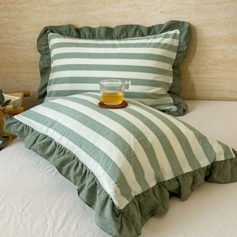 Kussenslopen met Ruches en Streepdessin voor Queen Size Kussen Romantische Slaapkamer Bedtextiel Decoratie | Sansoti