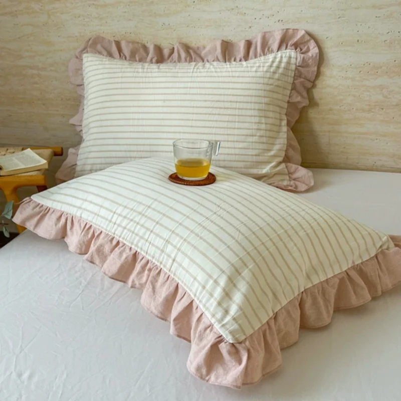 Kussenslopen met Ruches en Streepdessin voor Queen Size Kussen Romantische Slaapkamer Bedtextiel Decoratie | Sansoti