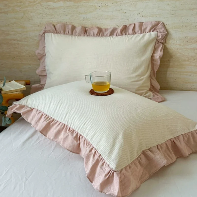 Kussenslopen met Ruches en Streepdessin voor Queen Size Kussen Romantische Slaapkamer Bedtextiel Decoratie | Sansoti