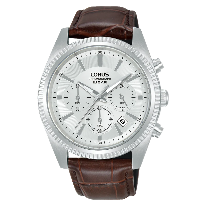 Lorus Classic RT305LX9 Herrenuhr Chronograph • Weißes Zifferblatt • Dunkles Lederband