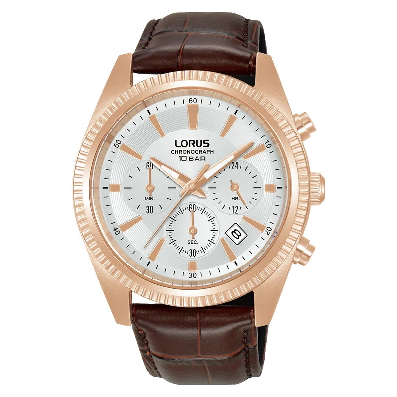 Lorus Classic RT304LX9 Herren Armbanduhr Weiß • Chronograph • Dunkelbraunes Lederband